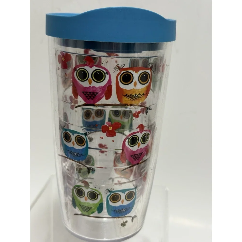 Tervis Owl Tumbler 16 oz Insulated Travel Cup Blue Lid Colorful Owls Made in USA
